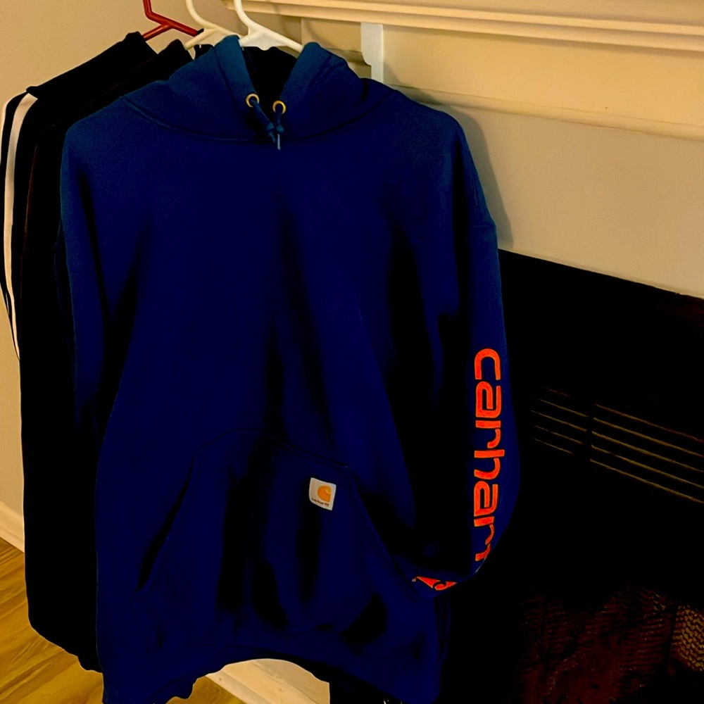 Carhartt Medium Weight Hoodie Logo on Sleeve Blue/Red Rare 2XL